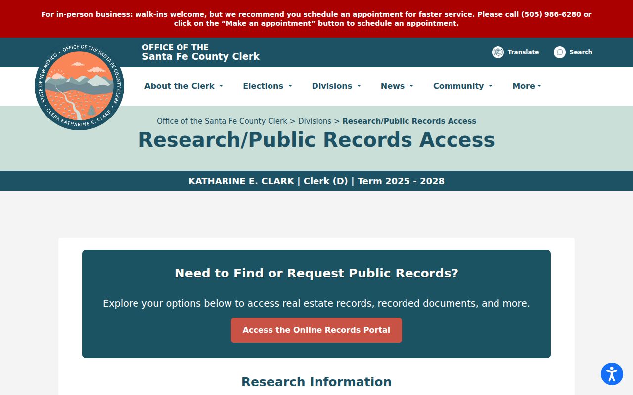 Santa Fe residents directory County Clerk public-record access guide