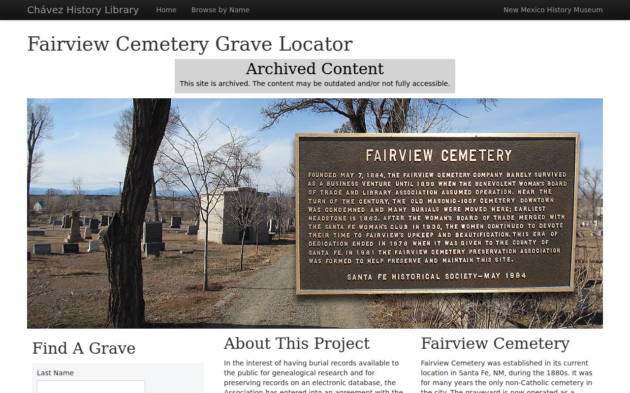 Santa Fe previous residents research through the Fairview Cemetery grave locator
