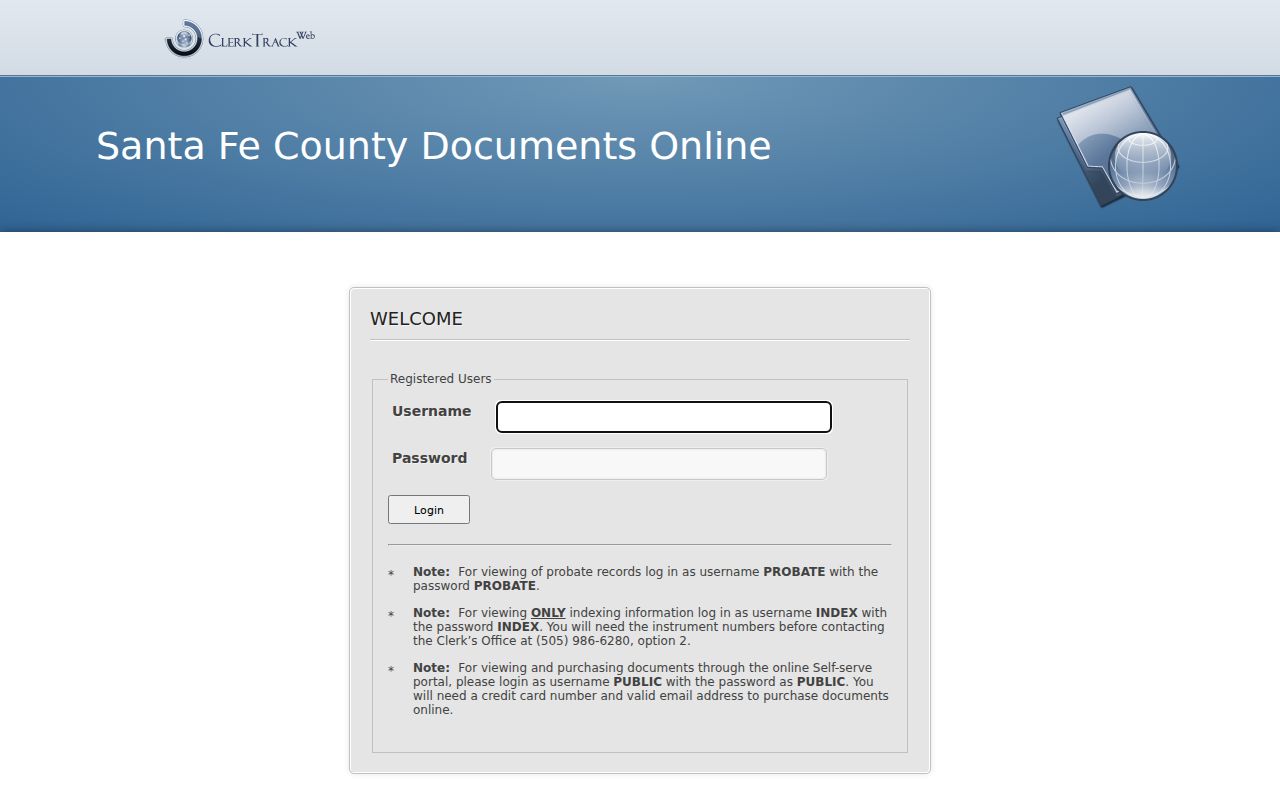 Santa Fe street directory ClerkTrackWeb recorded document access